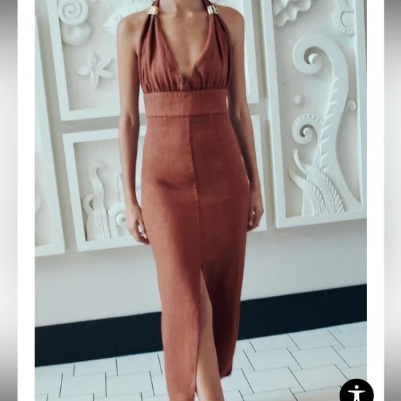 100% LINEN MIDI DRESS - Picture 3 of 12